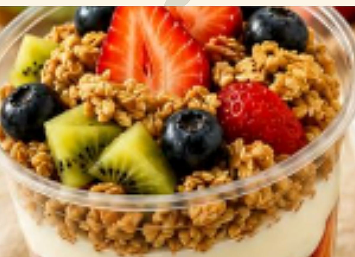 Postre Parfait de yogur con frutillas, kiwi, arándanos y granola